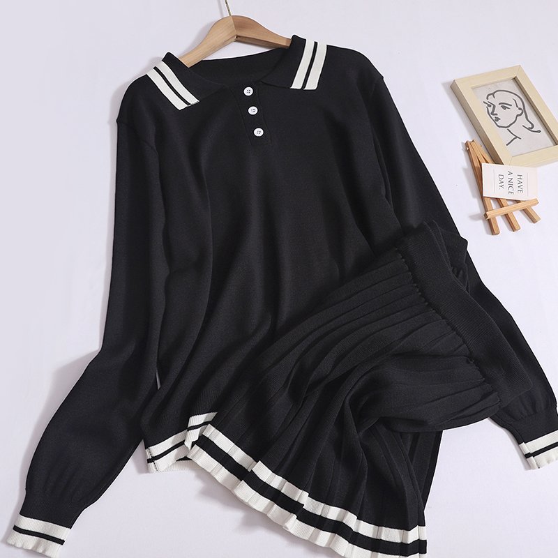 Wholesale 2024 Autumn New Fashionable Age Reducing Lapel Long Sleeved Knitted Sweater Pleated Short Skirt Women's Set