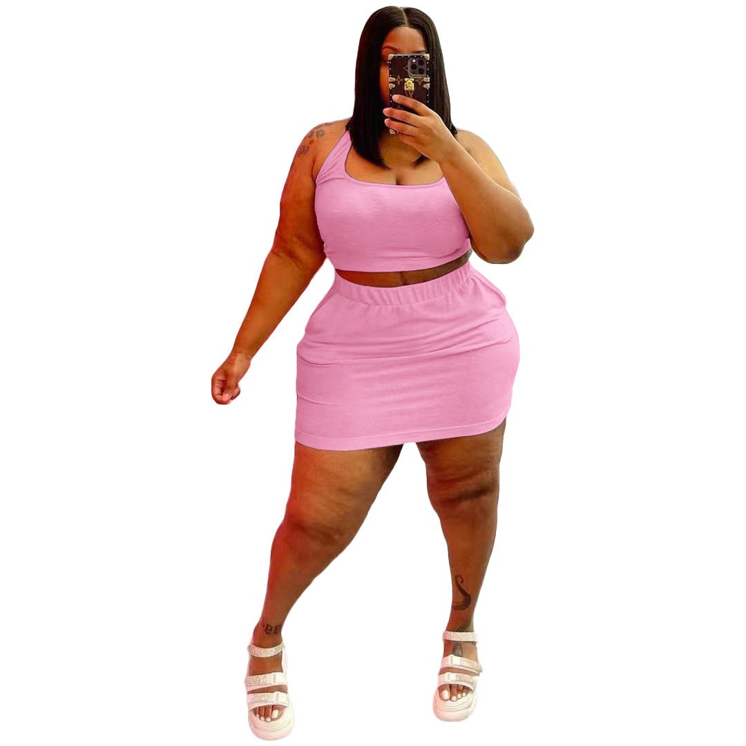 Summer S-5XL Plus Size Women's Sets Custom Logo Solid Color Two Piece Women Clothing Tank Crop Top And Skirt Set