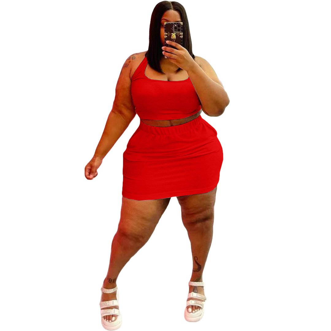 Summer S-5XL Plus Size Women's Sets Custom Logo Solid Color Two Piece Women Clothing Tank Crop Top And Skirt Set