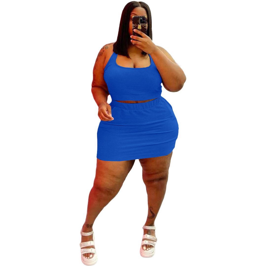 Summer S-5XL Plus Size Women's Sets Custom Logo Solid Color Two Piece Women Clothing Tank Crop Top And Skirt Set