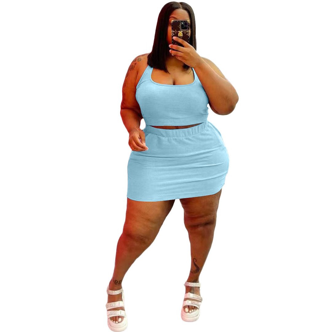 Summer S-5XL Plus Size Women's Sets Custom Logo Solid Color Two Piece Women Clothing Tank Crop Top And Skirt Set