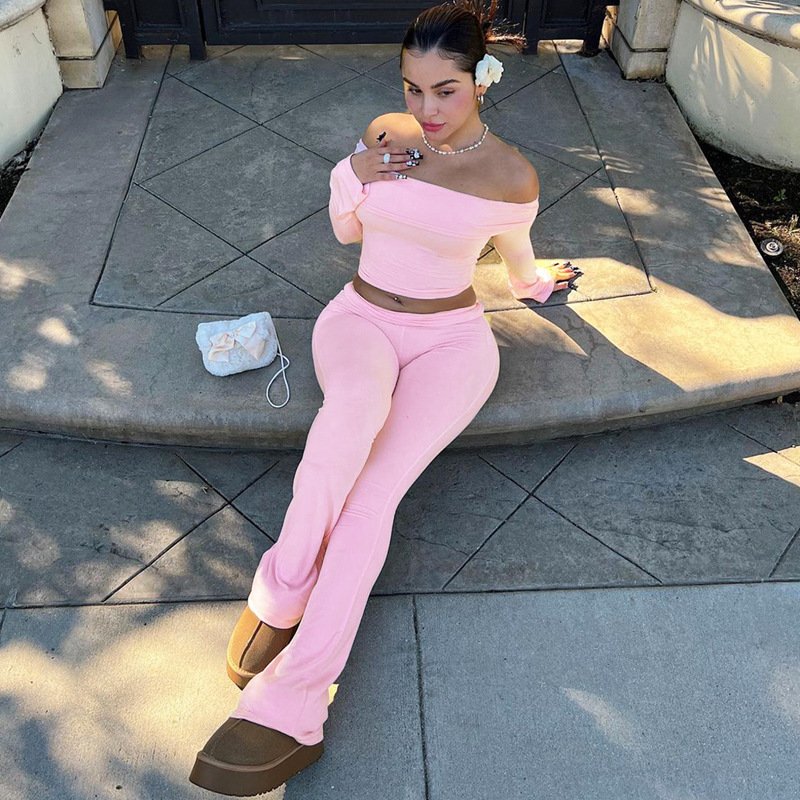 New Arrivals Women's Sets Long Sleeve Off-shoulder Crop Top + Leggins Outfits Stretchy Ribbed 2 Piece Set Women