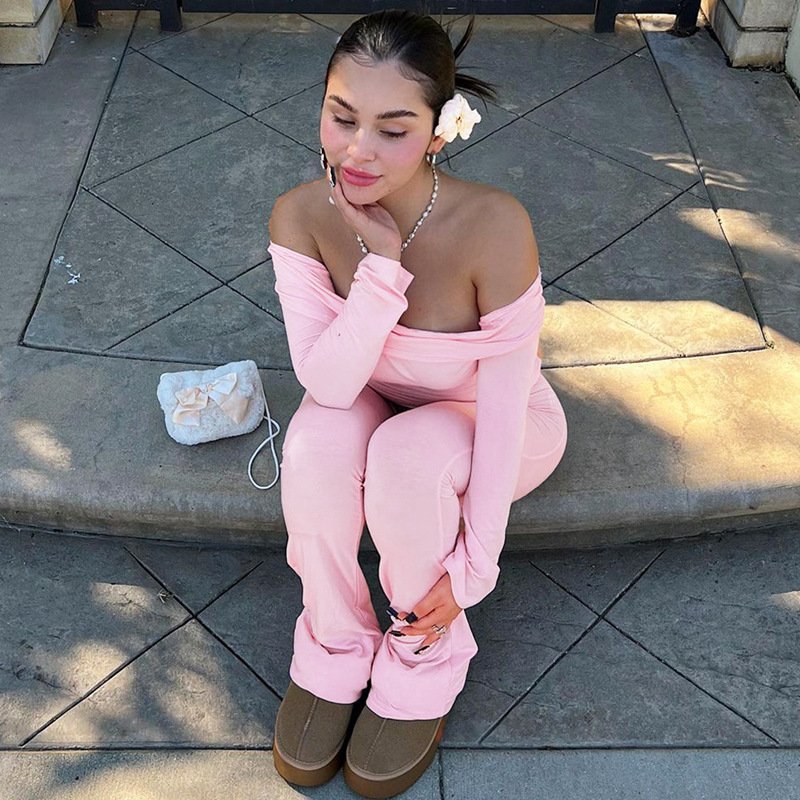 New Arrivals Women's Sets Long Sleeve Off-shoulder Crop Top + Leggins Outfits Stretchy Ribbed 2 Piece Set Women