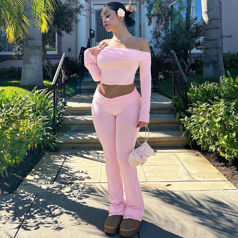 New Arrivals Women's Sets Long Sleeve Off-shoulder Crop Top + Leggins Outfits Stretchy Ribbed 2 Piece Set Women
