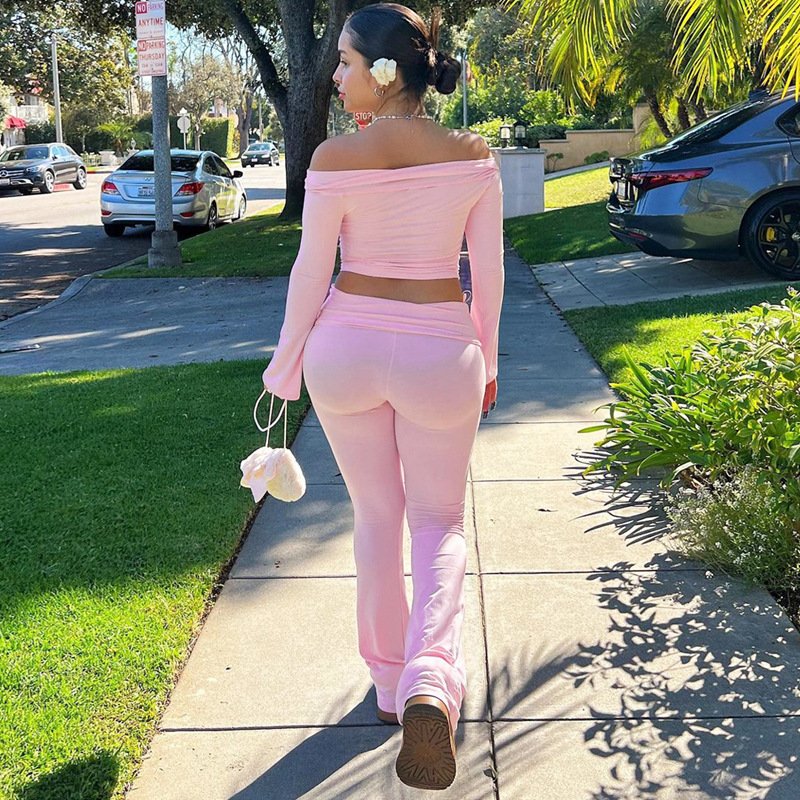 New Arrivals Women's Sets Long Sleeve Off-shoulder Crop Top + Leggins Outfits Stretchy Ribbed 2 Piece Set Women