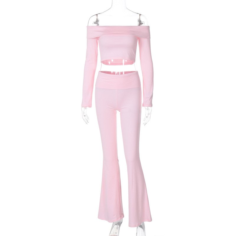 New Arrivals Women's Sets Long Sleeve Off-shoulder Crop Top + Leggins Outfits Stretchy Ribbed 2 Piece Set Women