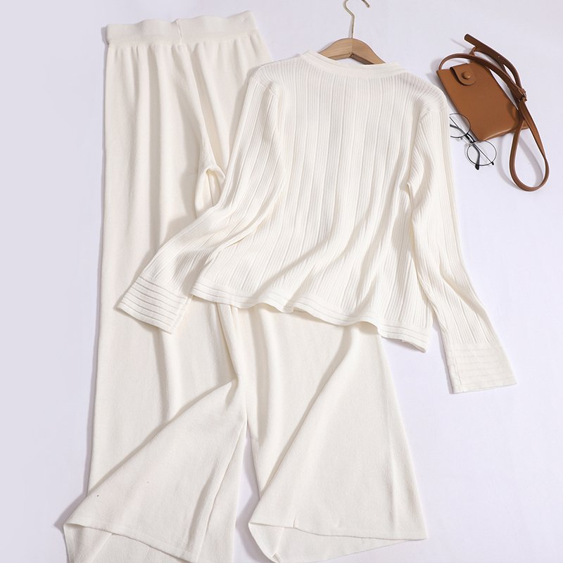 Wholesale 2024 Autumn New Fashionable Round Neck Knitted Cardigan High Waist Straight Leg Wide Leg Pants Women's Set