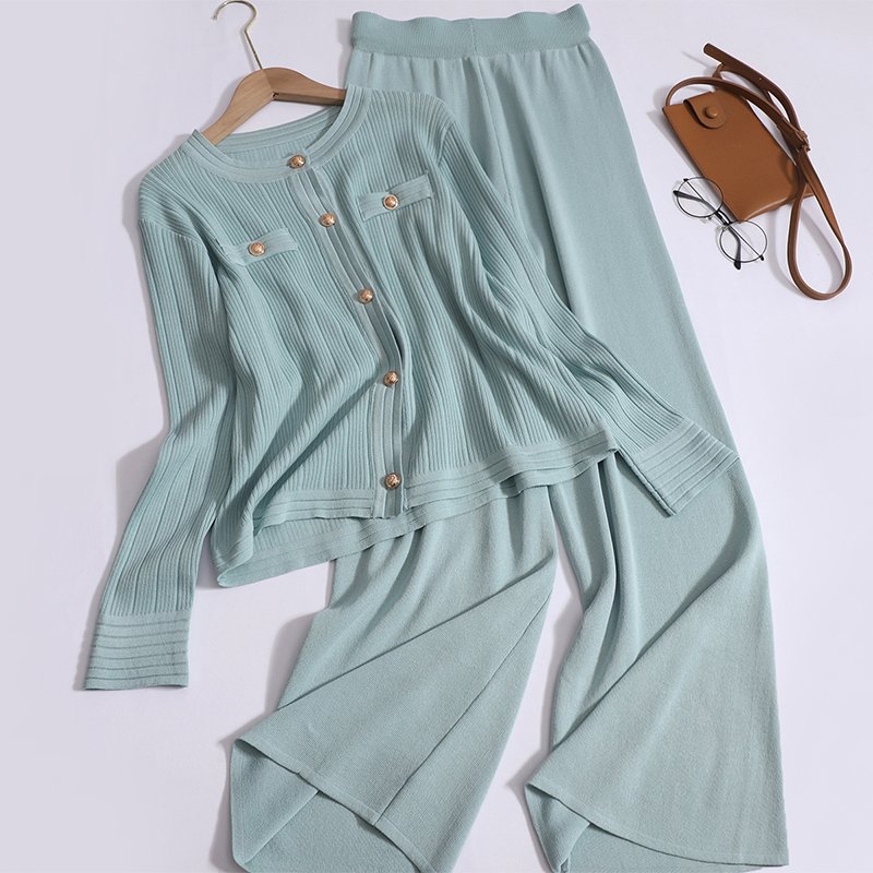 Wholesale 2024 Autumn New Fashionable Round Neck Knitted Cardigan High Waist Straight Leg Wide Leg Pants Women's Set
