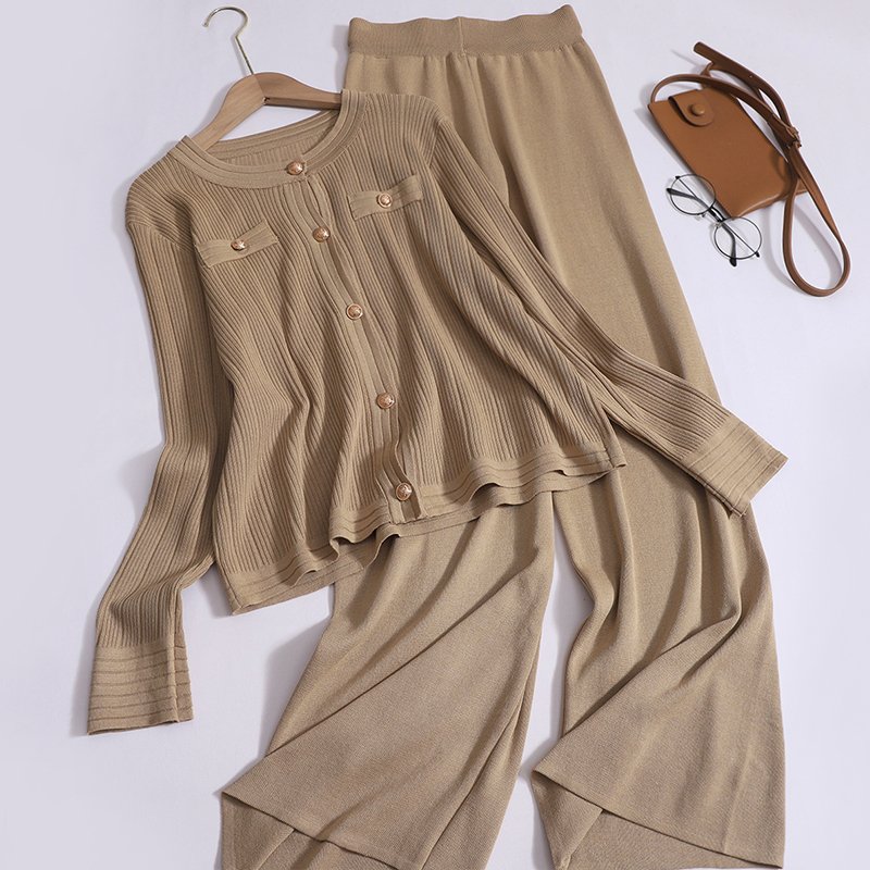 Wholesale 2024 Autumn New Fashionable Round Neck Knitted Cardigan High Waist Straight Leg Wide Leg Pants Women's Set