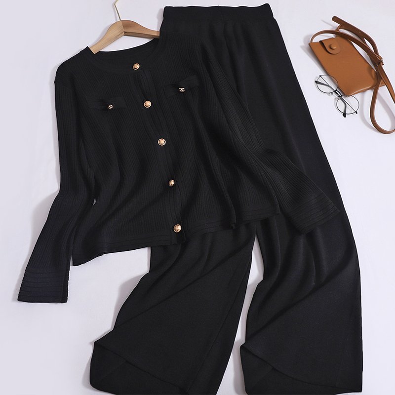 Wholesale 2024 Autumn New Fashionable Round Neck Knitted Cardigan High Waist Straight Leg Wide Leg Pants Women's Set