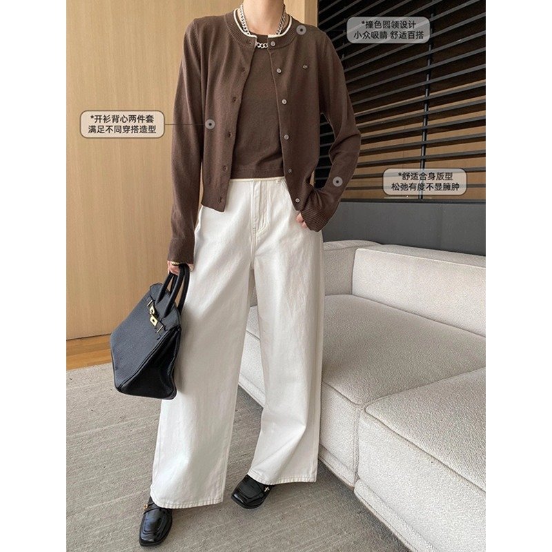 Boutique Wholesale 2024 Autumn New Fashionable Retro Round Neck Knitted Cardigan Vest Women's Set