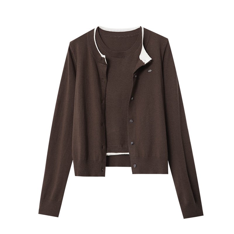Boutique Wholesale 2024 Autumn New Fashionable Retro Round Neck Knitted Cardigan Vest Women's Set