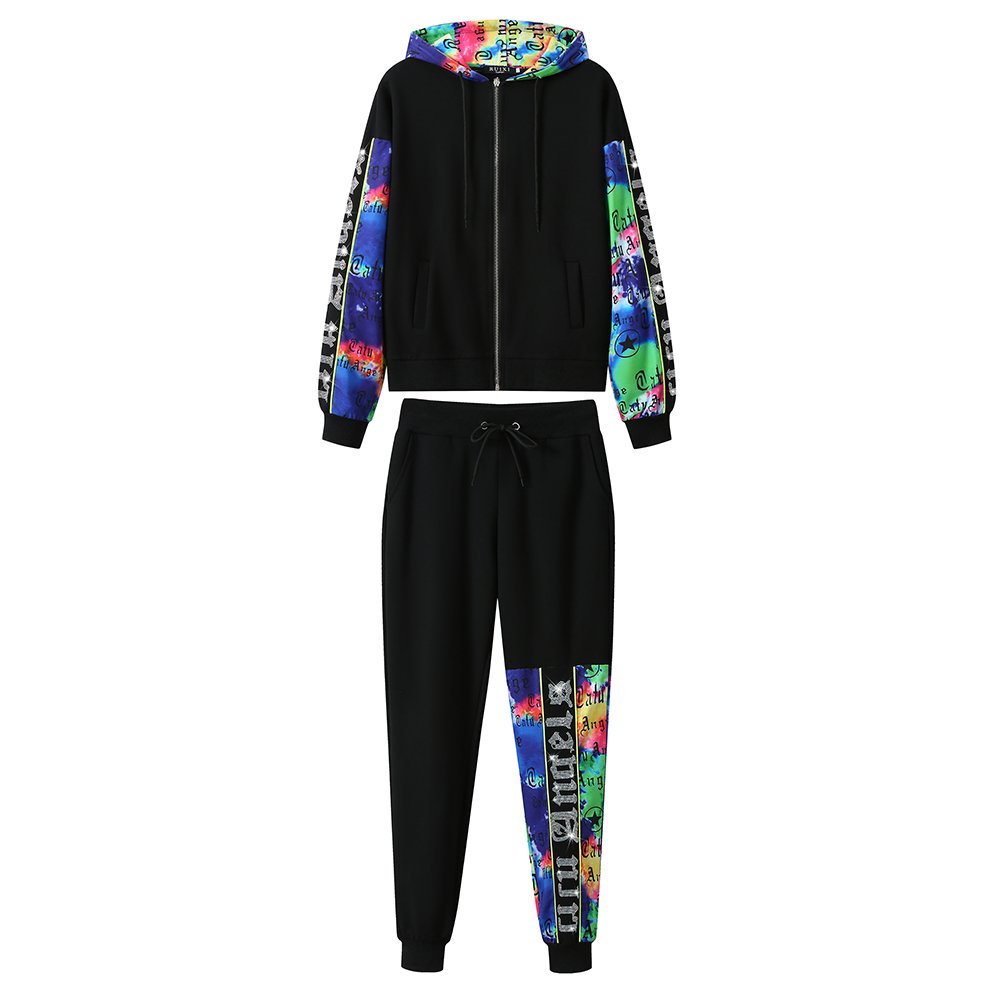 Wholesale Two Piece Hoodie Sweatpants Set Customizable Spliced Print Rhinestones Hoodie Women Set
