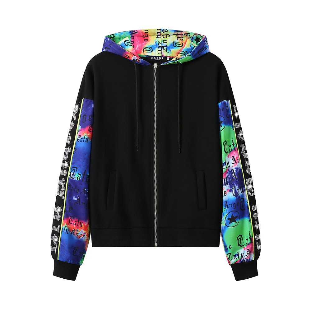 Wholesale Two Piece Hoodie Sweatpants Set Customizable Spliced Print Rhinestones Hoodie Women Set