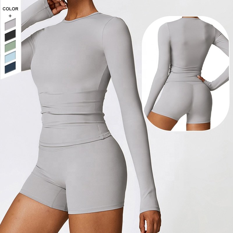 Hot Selling Fashionable Tight Fitting Yoga Long Sleeved Shorts Set Quick Drying Sports Beautiful Back Women's Yoga Set