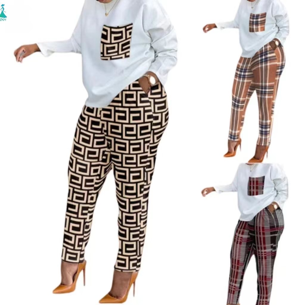 2024 Spring Autumn fall women 2 piece long sleeve loose t shirt Casual plus size women's pants set