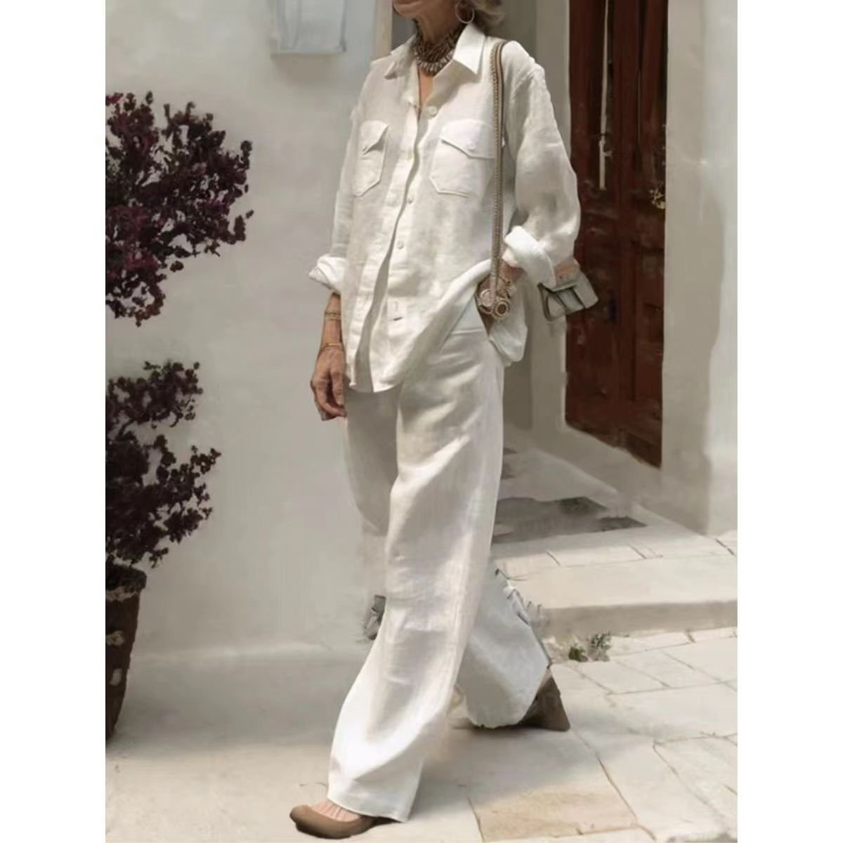 Boutique Wholesale 2024 Summer New Fashionable Cotton and Linen Fabric Long Sleeved Tops and Wide Leg Pants Women's Sets