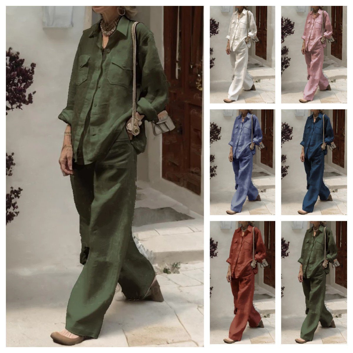 Boutique Wholesale 2024 Summer New Fashionable Cotton and Linen Fabric Long Sleeved Tops and Wide Leg Pants Women's Sets