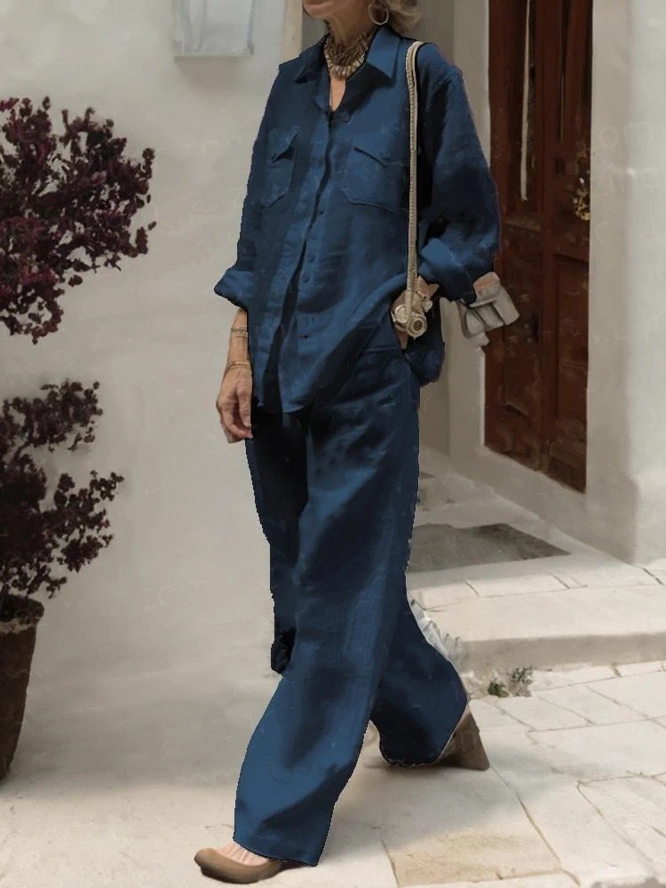 Boutique Wholesale 2024 Summer New Fashionable Cotton and Linen Fabric Long Sleeved Tops and Wide Leg Pants Women's Sets