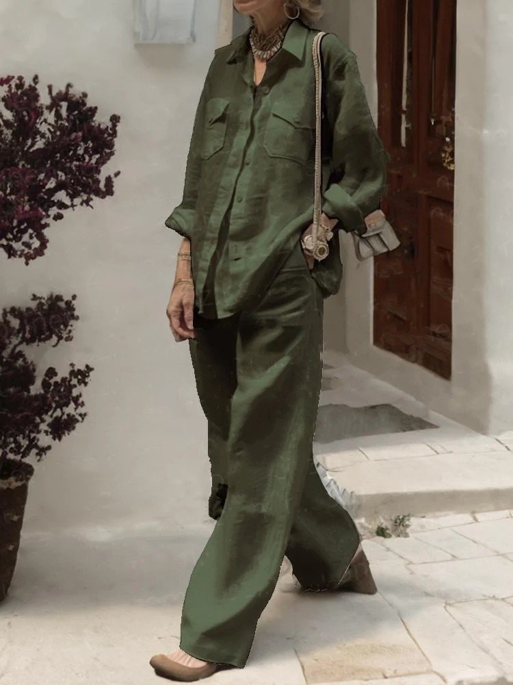 Boutique Wholesale 2024 Summer New Fashionable Cotton and Linen Fabric Long Sleeved Tops and Wide Leg Pants Women's Sets