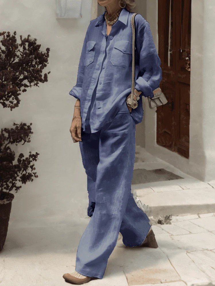 Boutique Wholesale 2024 Summer New Fashionable Cotton and Linen Fabric Long Sleeved Tops and Wide Leg Pants Women's Sets