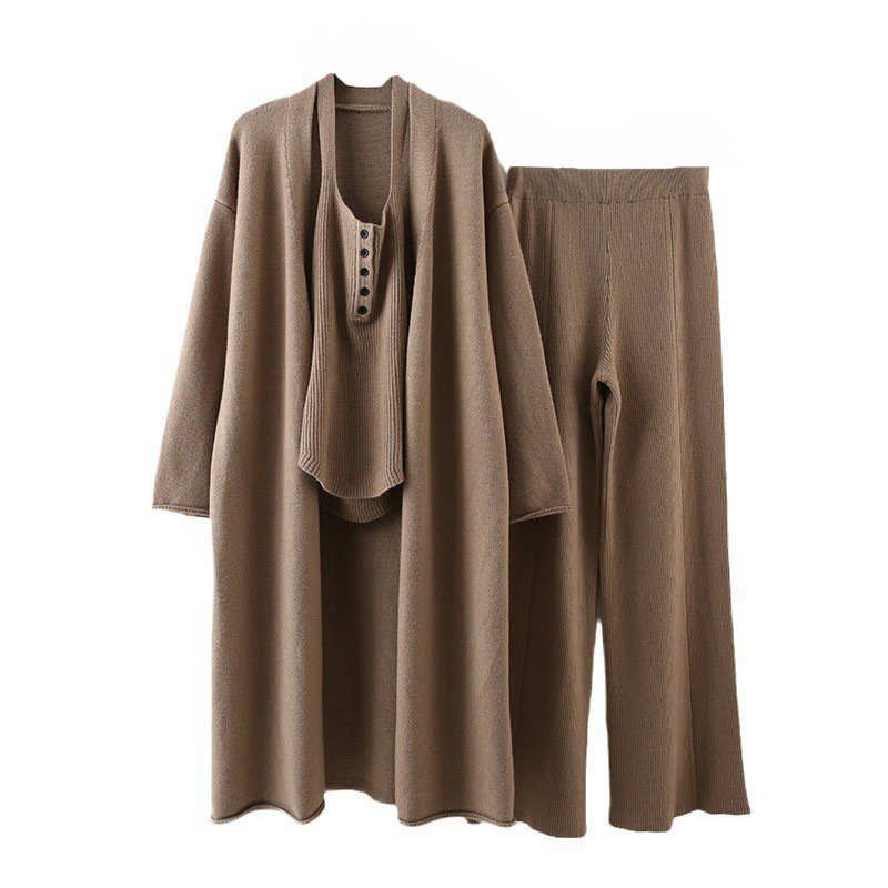 Boutique Wholesale 2024 Autumn New Fashion Mid Long Knitted Cardigan Slim Fit Vest Casual Wide Leg Pants Women's Set