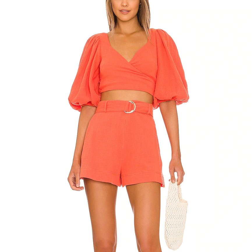 Custom logo Puff Sleeve Wrap crop top and Hart Belted shorts loungewear set tank top shorts sets Women 2 Piece Set