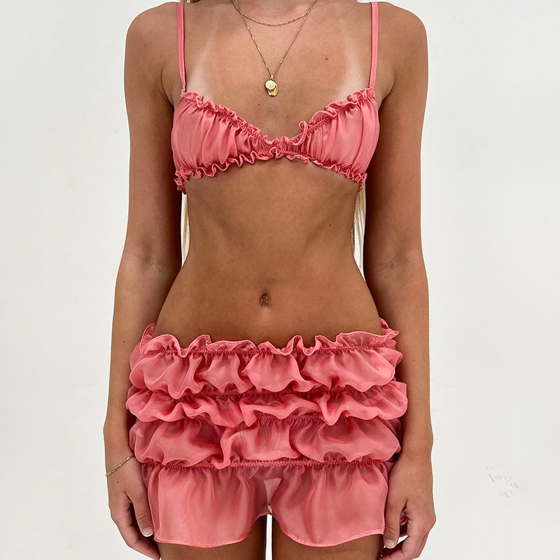 Peeqi K24ST072 Solid Ruffle Women's Sets Halter Tube Top With Mini Skirt 2 Piece Set Women Summer Loungewear 2024
