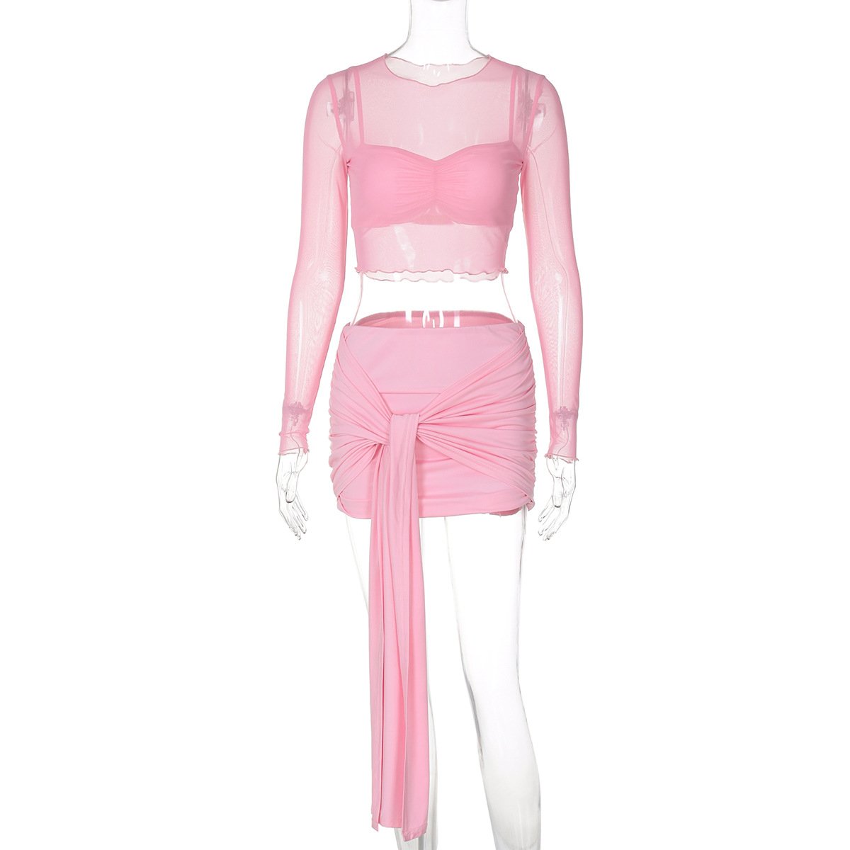 WZ9668 wholesale long sleeve mesh blouse sexy crop top and skirt 3 piece set women's sets 2024 fall women clothes