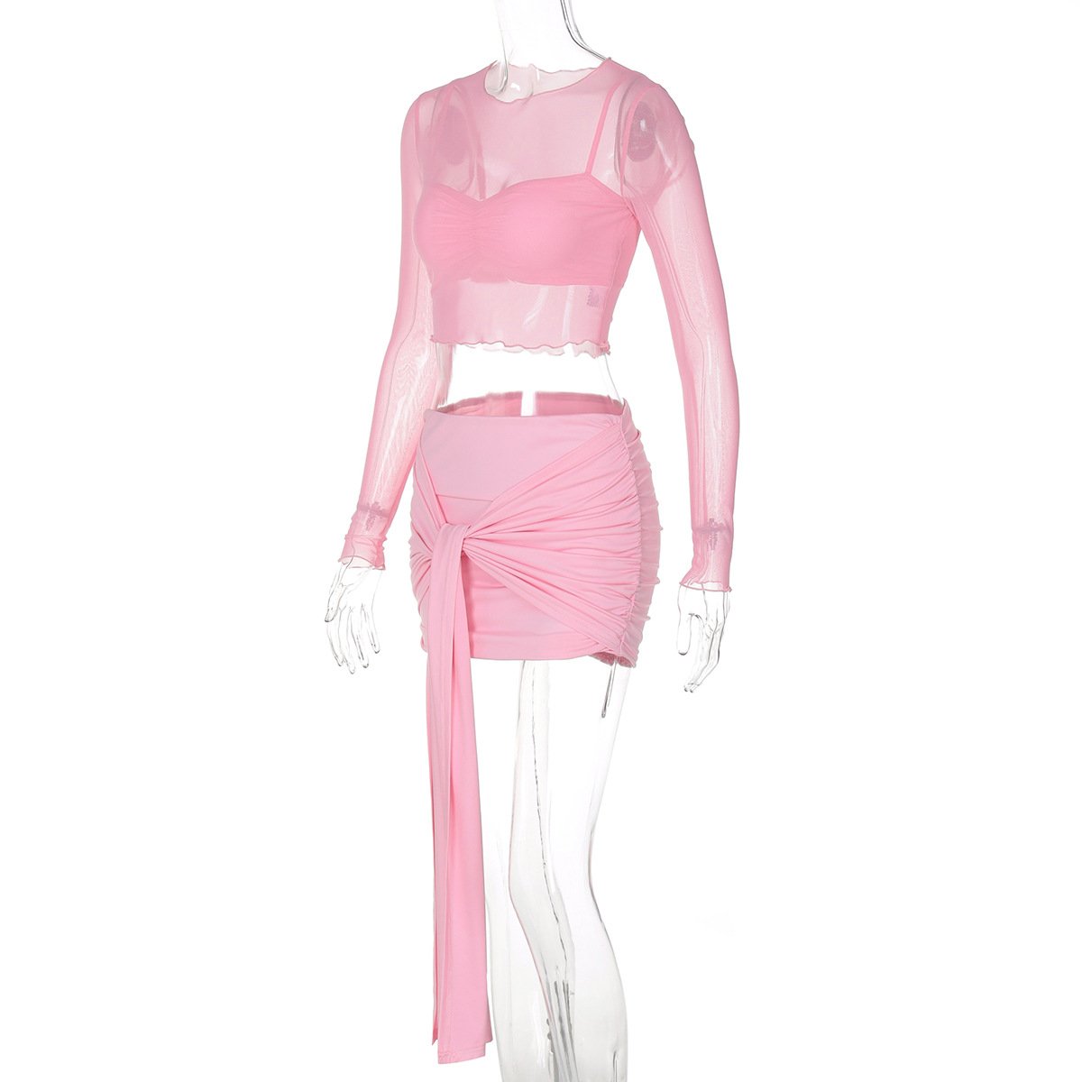 WZ9668 wholesale long sleeve mesh blouse sexy crop top and skirt 3 piece set women's sets 2024 fall women clothes