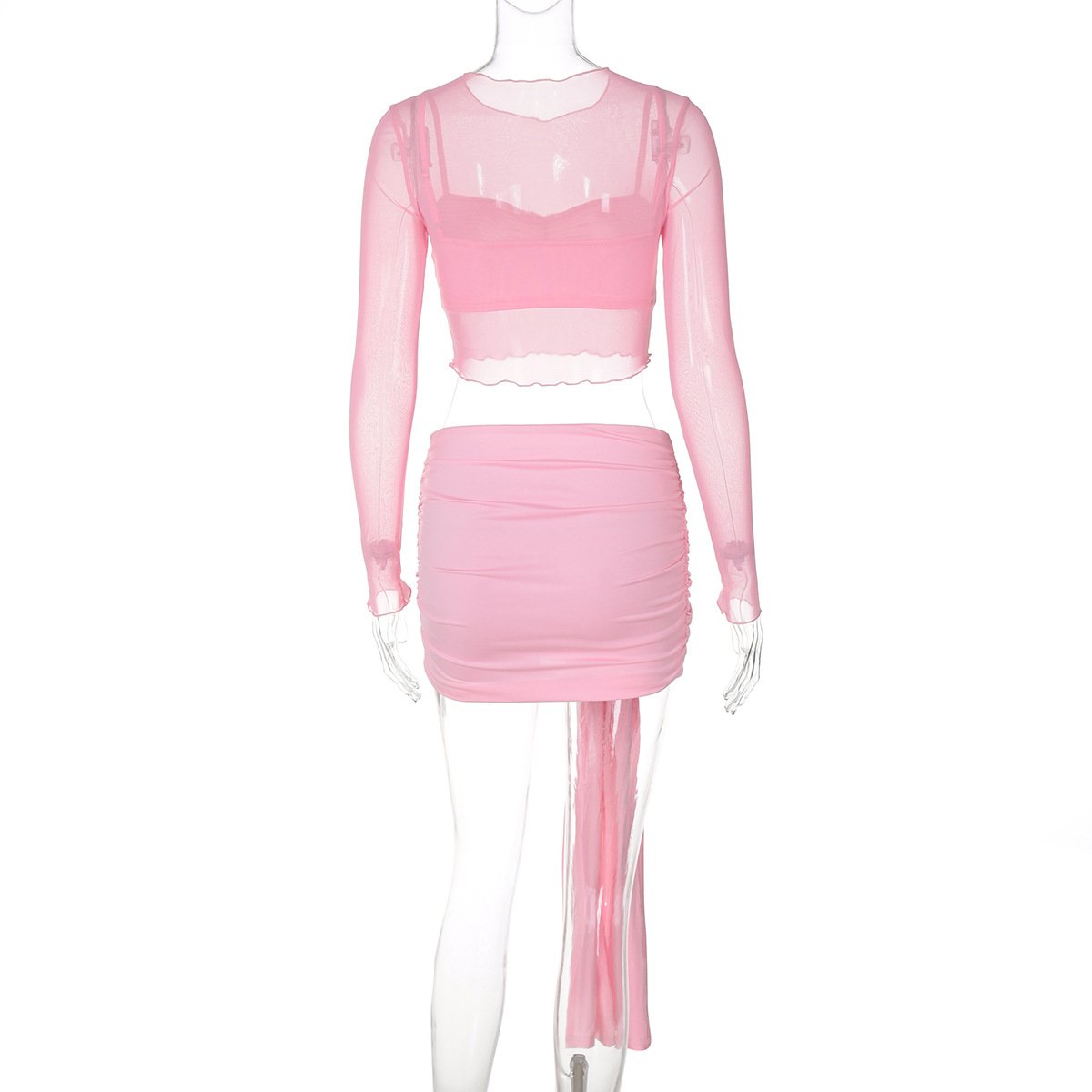 WZ9668 wholesale long sleeve mesh blouse sexy crop top and skirt 3 piece set women's sets 2024 fall women clothes
