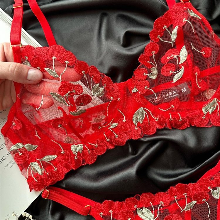 2024 hot selling new spicy women's red cherry embroidered sexy lace bra set
