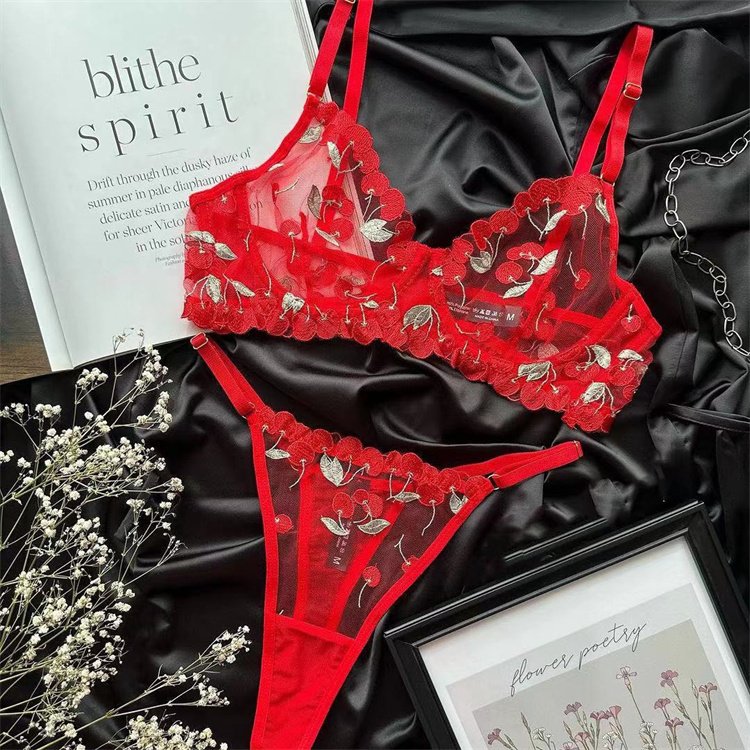 2024 hot selling new spicy women's red cherry embroidered sexy lace bra set