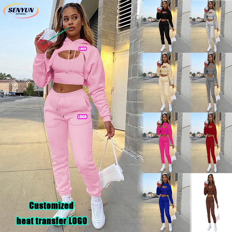 Hot Sell Custom Embroidery Logo Slim Fit Plain Tracksuits Outfits Sports Streetwear 2 Piece Plus Size Sexy Plush Women'S Sets