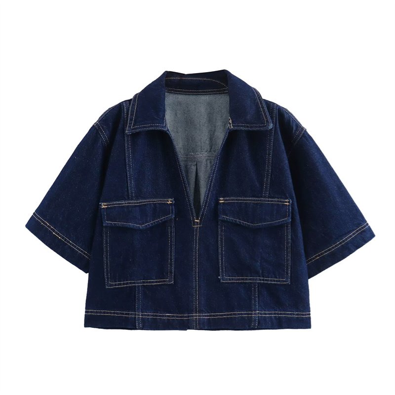 TAOP&ZA Summer New 2024 American Sexy Hot Girl Pure Waist Revealing V-shaped Lapel Blue Short Denim Shirt 6164070 6164068
