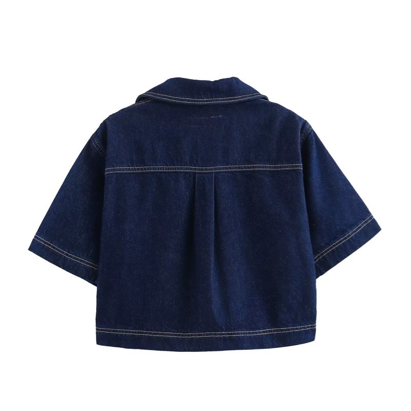 TAOP&ZA Summer New 2024 American Sexy Hot Girl Pure Waist Revealing V-shaped Lapel Blue Short Denim Shirt 6164070 6164068