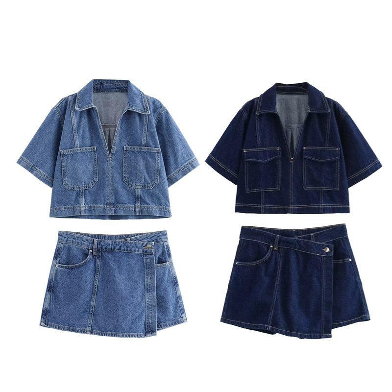 TAOP&ZA Summer New 2024 American Sexy Hot Girl Pure Waist Revealing V-shaped Lapel Blue Short Denim Shirt 6164070 6164068