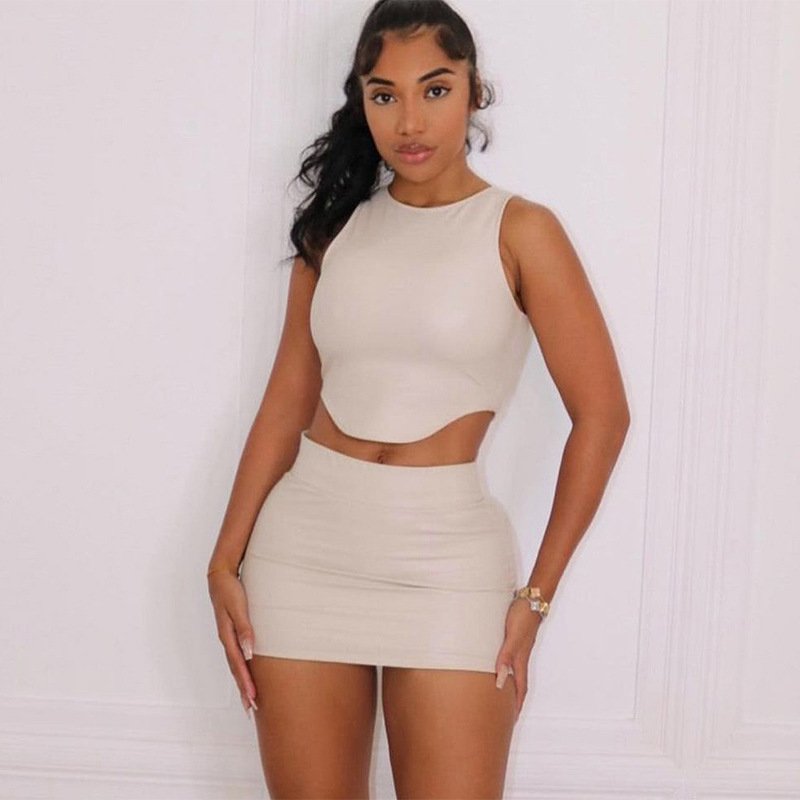 Women Clothes Leather Crop 2 Piece Outfit Sexy Tank Top Elastic Drawstring Skirt Women Two Piece Sets