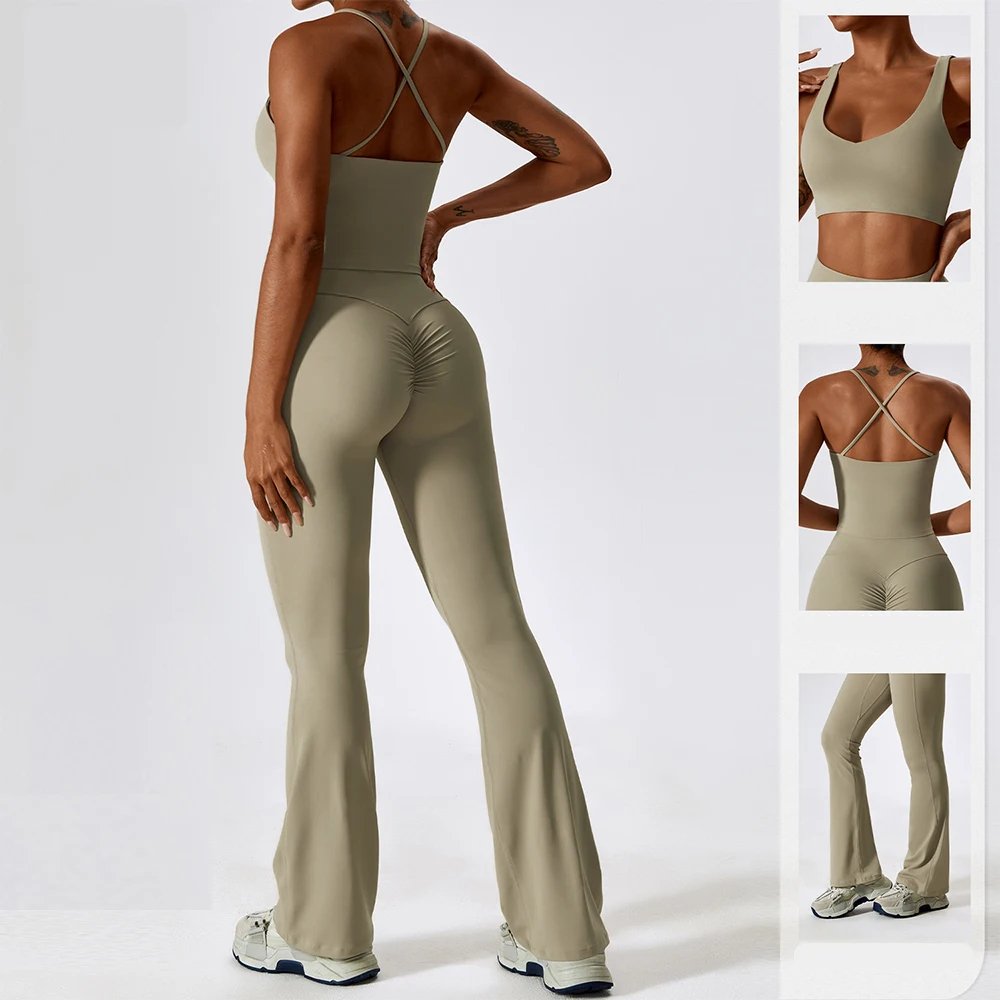 Women Long Sleeve Yoga Crop Top Lady Spaghetti Strap Bra Pant Gym Suits Female Cross Back Vest Flare Trousers Sportswear