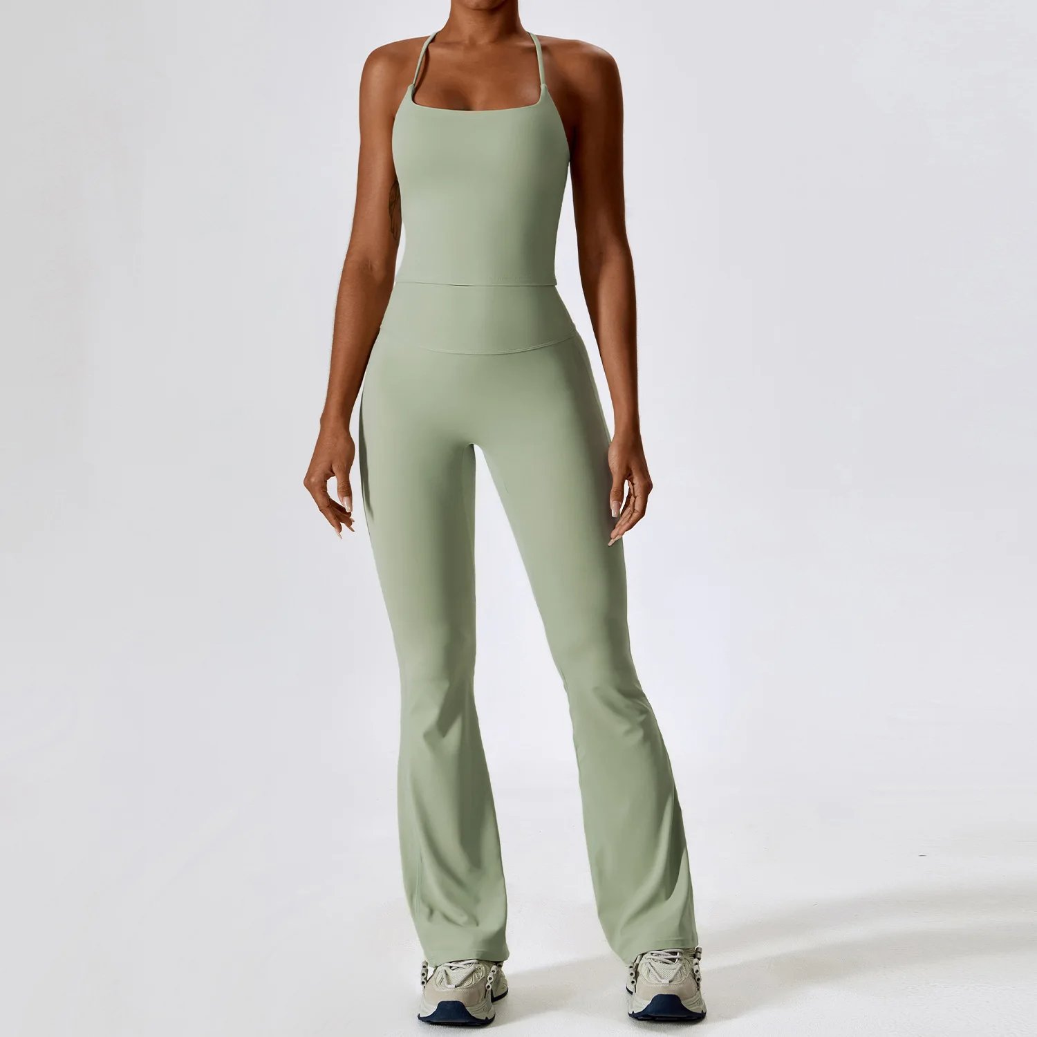 Women Long Sleeve Yoga Crop Top Lady Spaghetti Strap Bra Pant Gym Suits Female Cross Back Vest Flare Trousers Sportswear