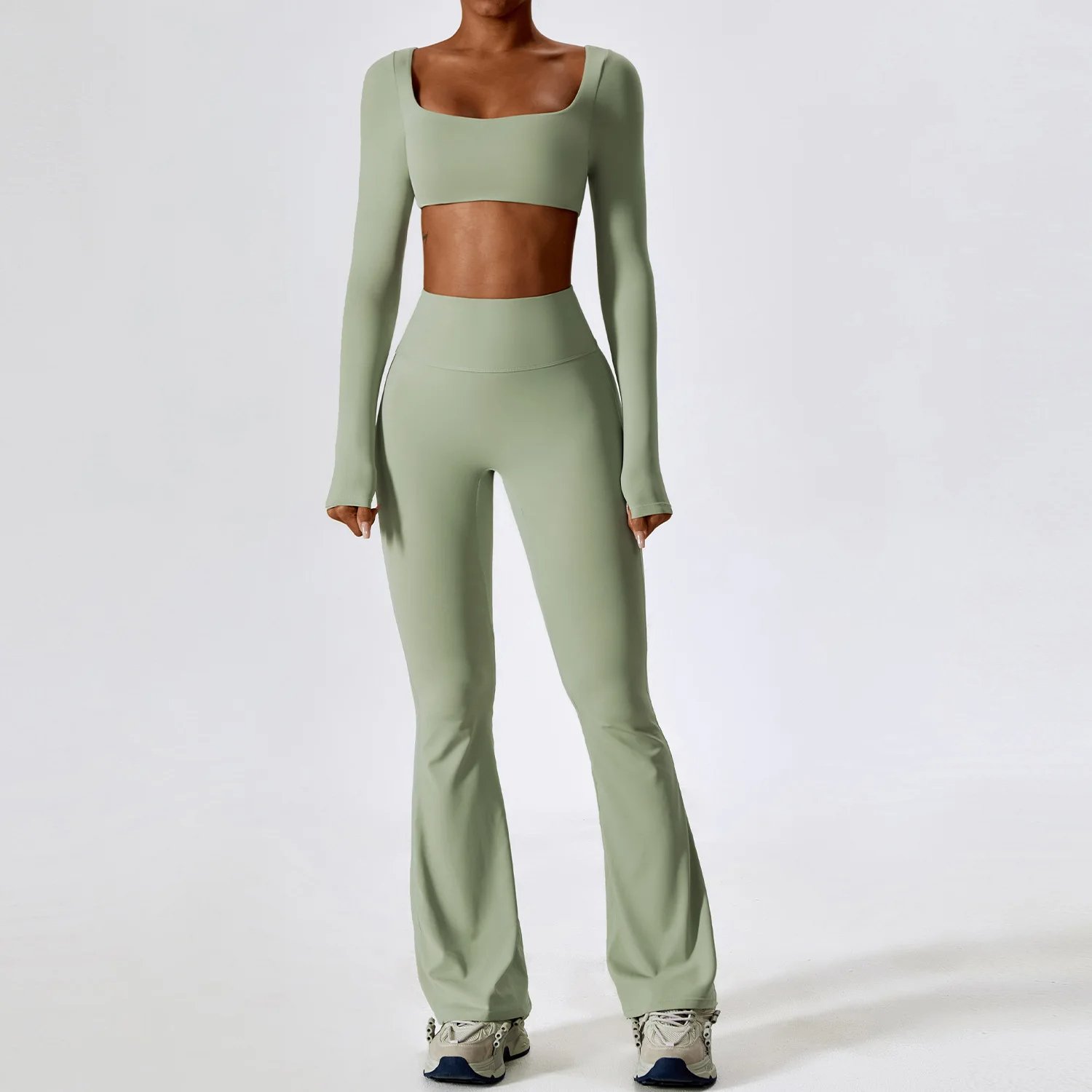 Women Long Sleeve Yoga Crop Top Lady Spaghetti Strap Bra Pant Gym Suits Female Cross Back Vest Flare Trousers Sportswear