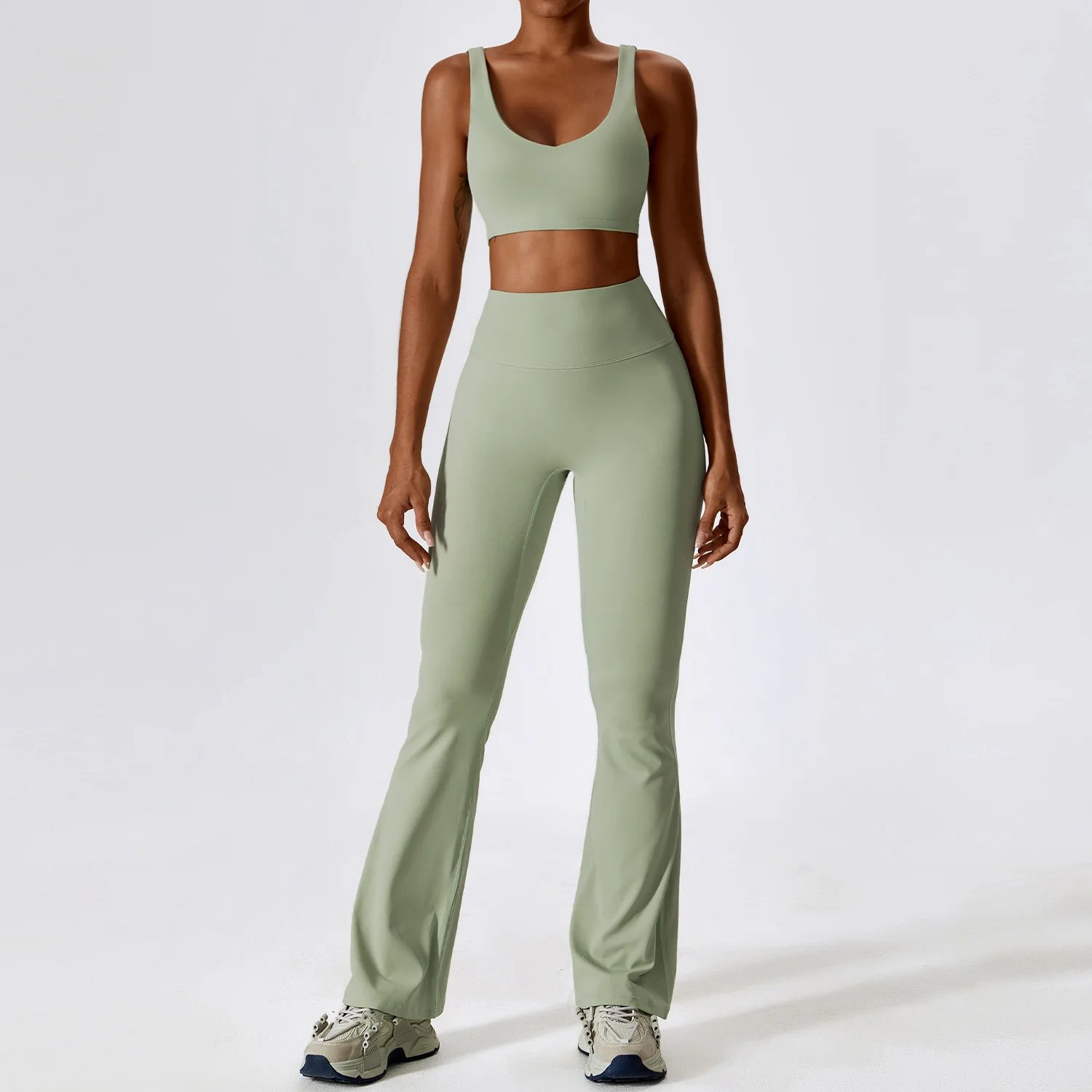 Women Long Sleeve Yoga Crop Top Lady Spaghetti Strap Bra Pant Gym Suits Female Cross Back Vest Flare Trousers Sportswear