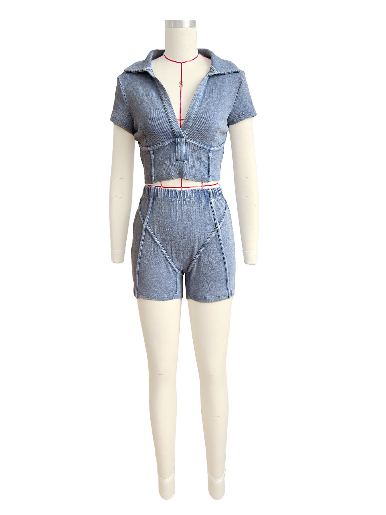 2024 Women Summer Cotton Ribbed Sexy Deep V Neck High Waist Stretch Tight Shorts Acid Wash Tracksuit Two-piece Sets For Women