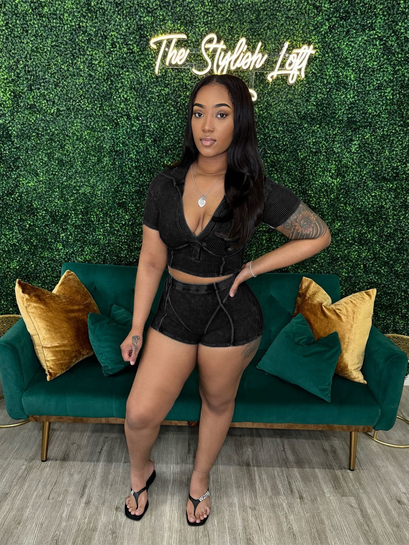 2024 Women Summer Cotton Ribbed Sexy Deep V Neck High Waist Stretch Tight Shorts Acid Wash Tracksuit Two-piece Sets For Women