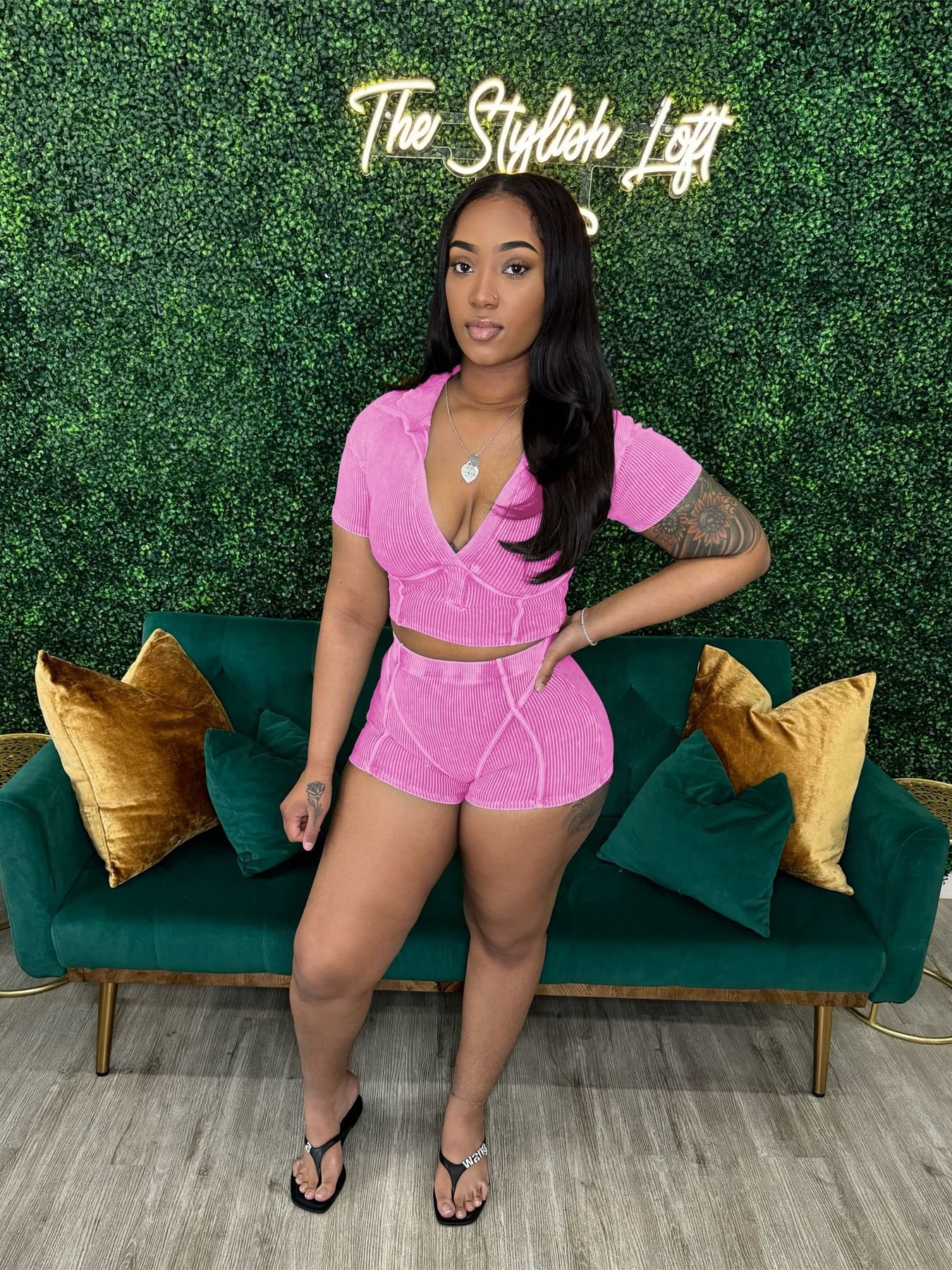 2024 Women Summer Cotton Ribbed Sexy Deep V Neck High Waist Stretch Tight Shorts Acid Wash Tracksuit Two-piece Sets For Women