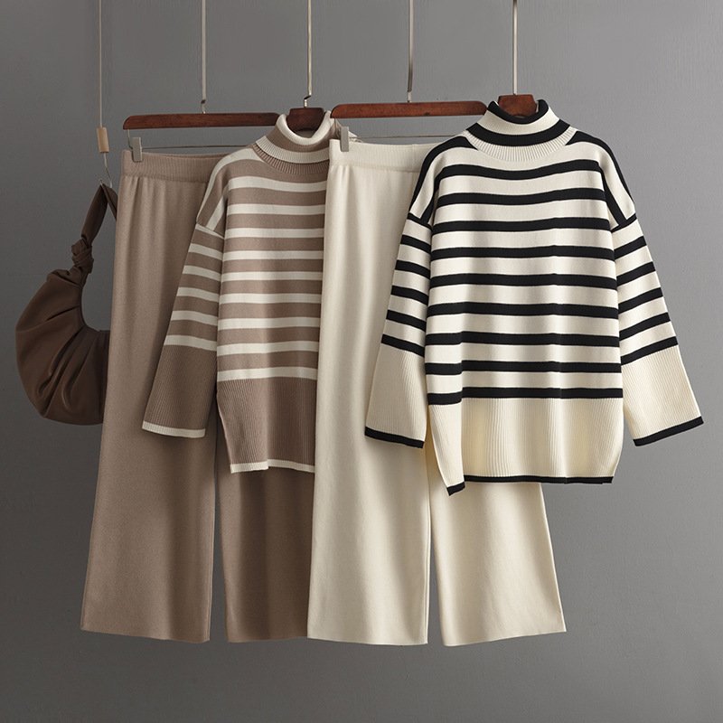 2024 Chic Striped Print Women's Winter Sweater + Pants Set Casual Style Turtleneck Collar Ankle Length Knit Clothing Wholesale