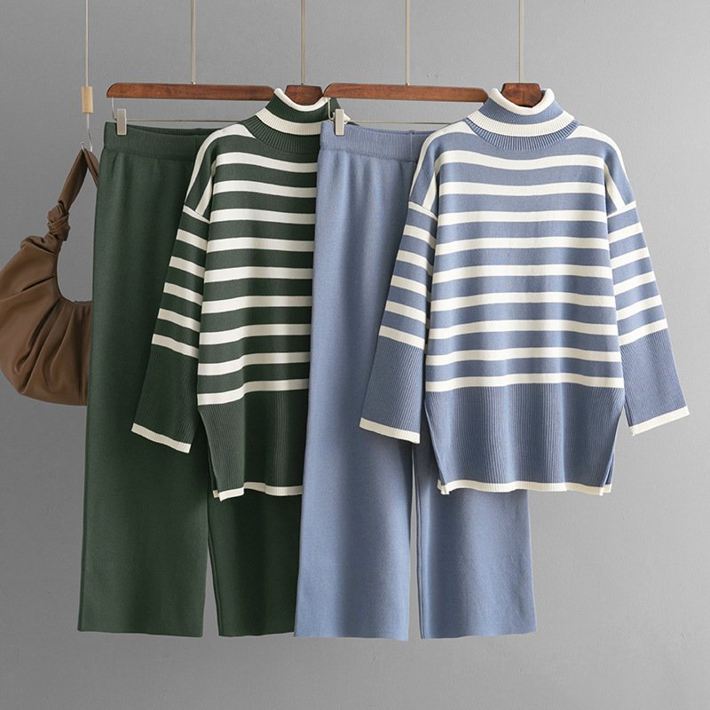 2024 Chic Striped Print Women's Winter Sweater + Pants Set Casual Style Turtleneck Collar Ankle Length Knit Clothing Wholesale