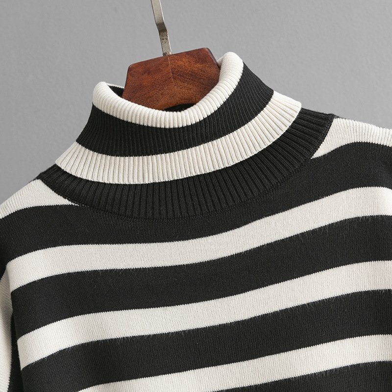 2024 Chic Striped Print Women's Winter Sweater + Pants Set Casual Style Turtleneck Collar Ankle Length Knit Clothing Wholesale