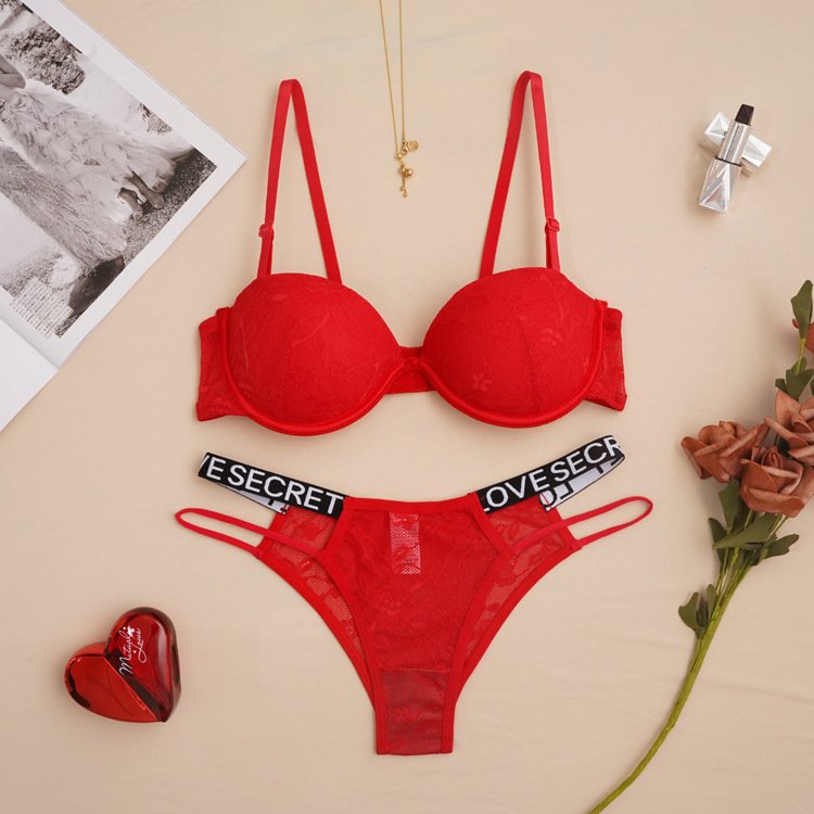 Letter red lace Bra with steel ring bra brief sets bra and panty set women's underwear