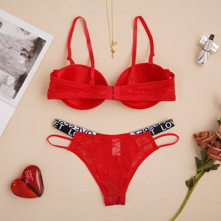 Letter red lace Bra with steel ring bra brief sets bra and panty set women's underwear